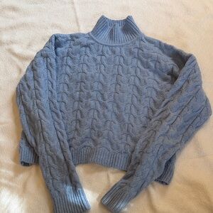 Pink Rose Light Blue Cable Knit Turtleneck Sweater